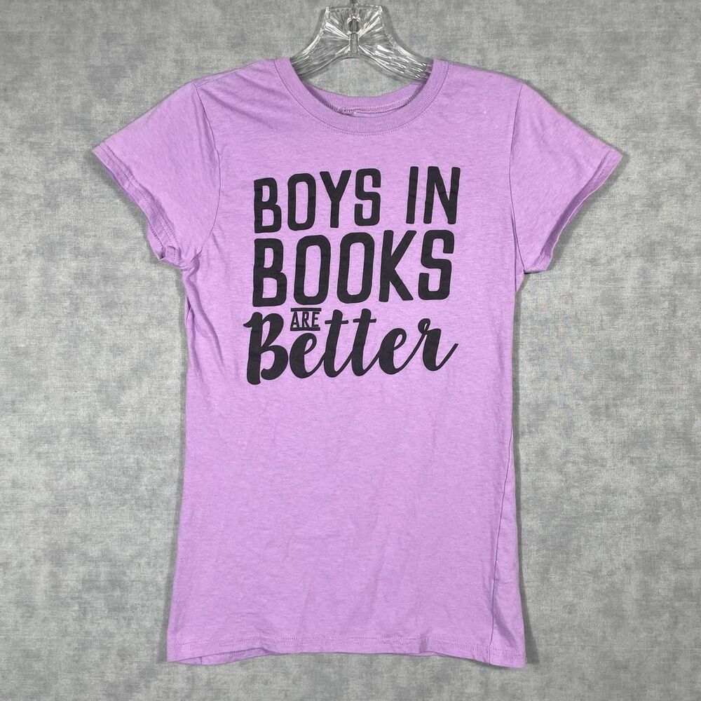 Boys In Books Are Better purple graphic tee.
